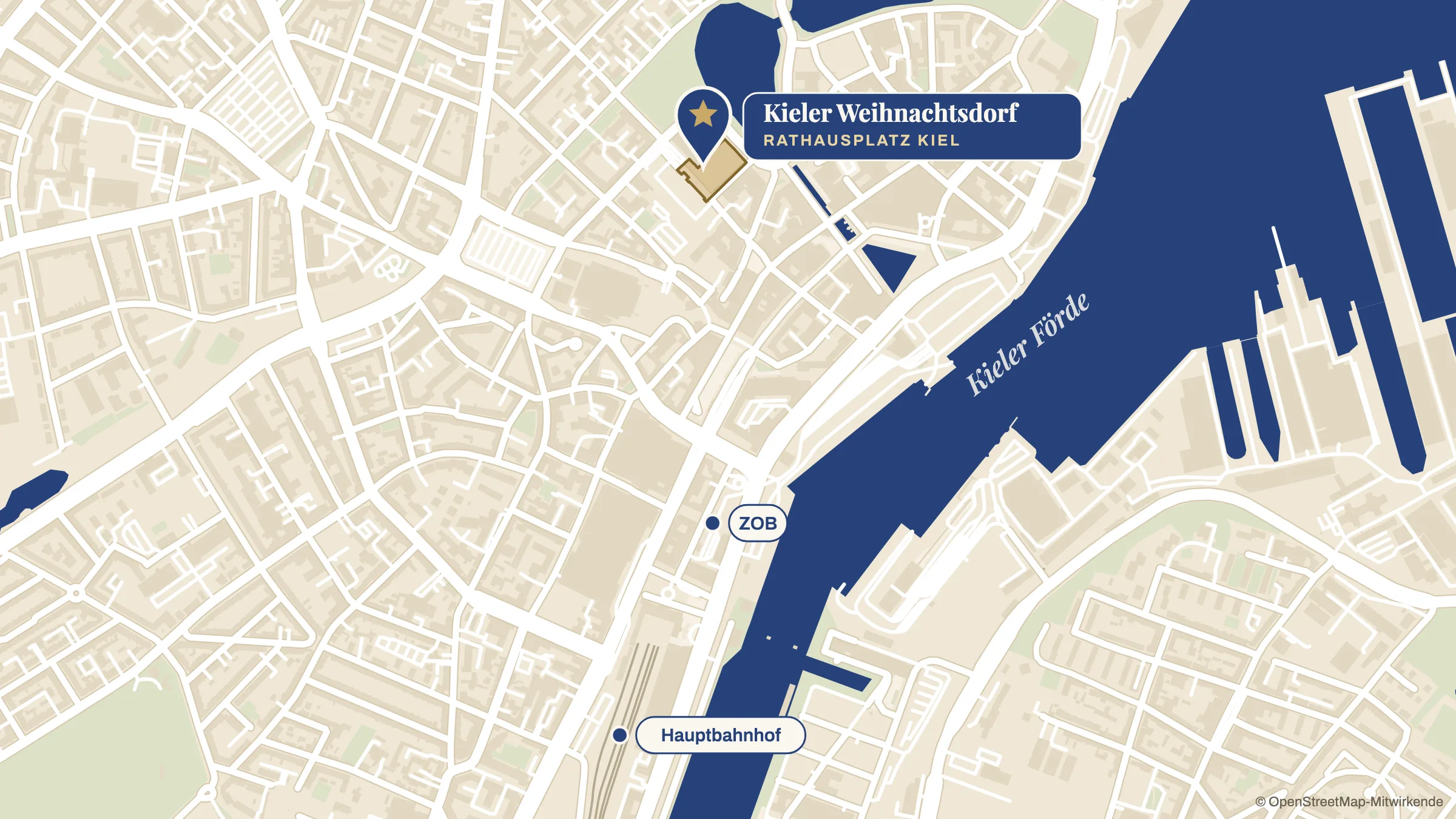 Karte der Kieler Innenstadt: das Weihnachtsdorf auf dem Rathausplatz, südlich davon Hauptbahnhof und ZOB an der Kieler Förde