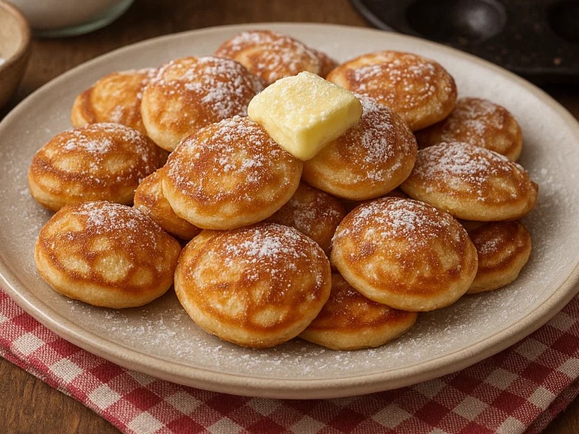Poffertjes mit Puderzucker und einem Stück Butter